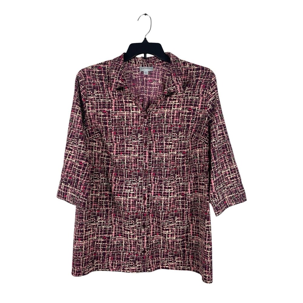 Catherines 1X Abstract Maroon Geometric Button Up Blouse 3/4 Sleeve Top Office